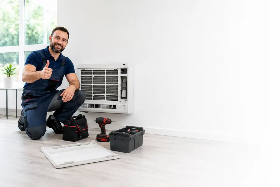 Technician finishing an AC installation at a Panama City home