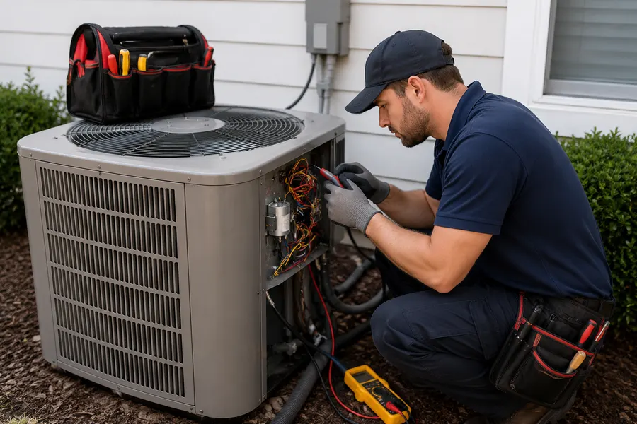 Quincy's technician performing maintenance on an outdoor AC unit
