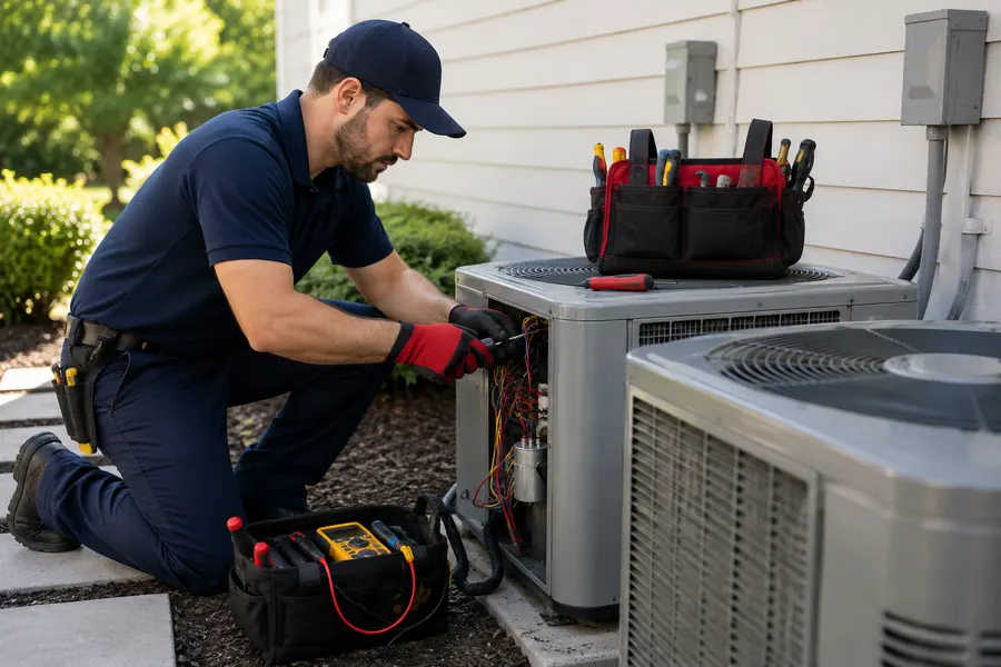Quincy's technician diagnosing an outdoor AC unit on an emergency call