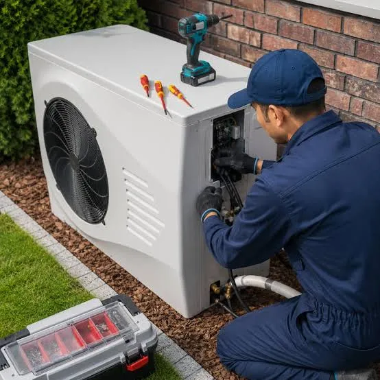 Technician servicing a heat pump unit outside a Bay County home