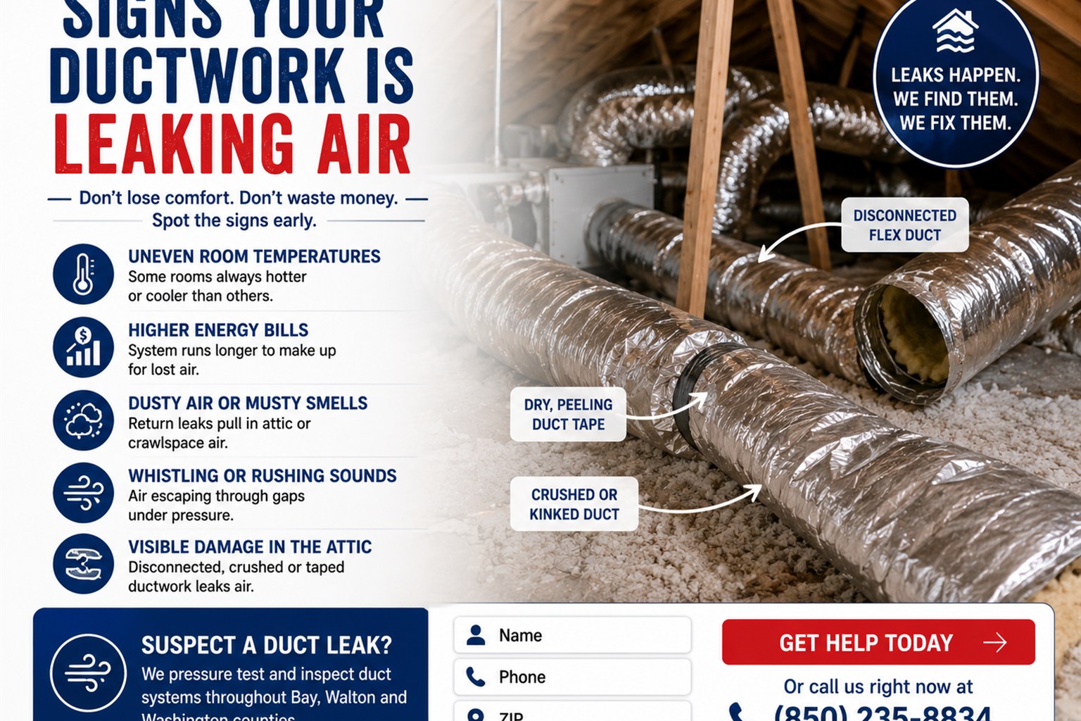 Leaky flexible ductwork in a Bay County attic causing uneven cooling between rooms
