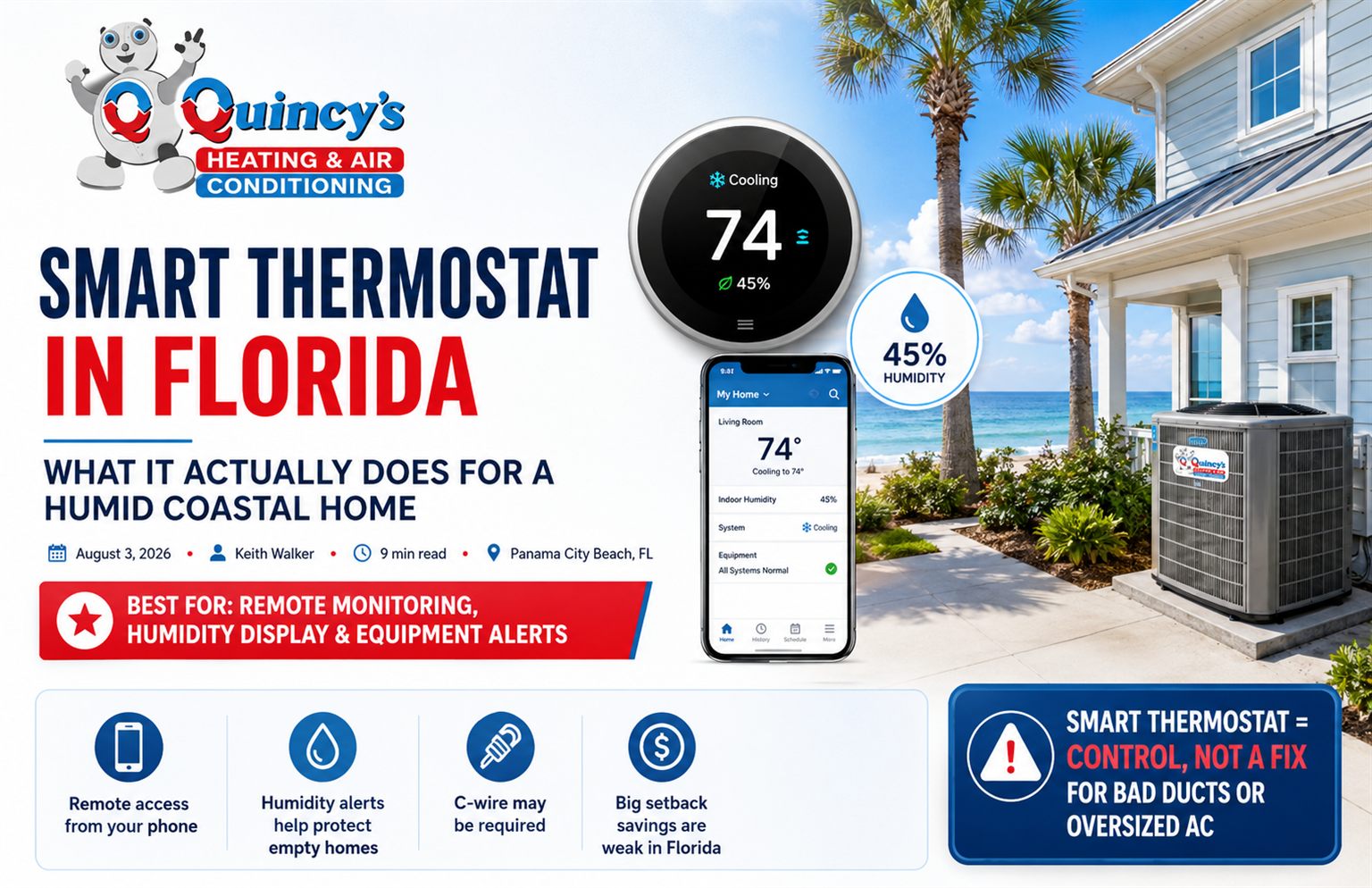 Whole-home humidity control equipment paired with a smart thermostat in a Panama City Beach house